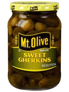 Mount Olive Sweet Baby Gherkins. Small and crunchy for a bite-sized burst of pickle flavor