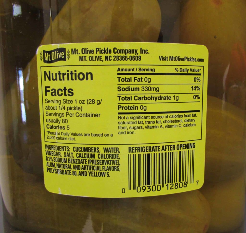 Sour Pickles Nutrition Label