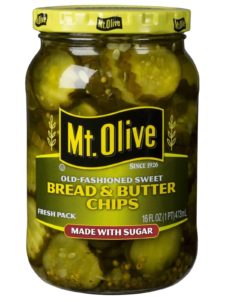 Mount Olive Bread and Butter Chips - Sliced sweet and salty pickles ready to use on your favorite sandwich or as a side dish.