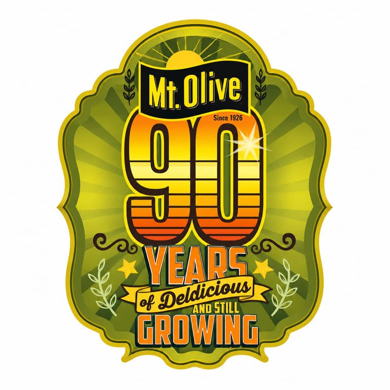 Mt. Olive Pickles 90th anniversary logo celebrating 90 years of quality pickles.
