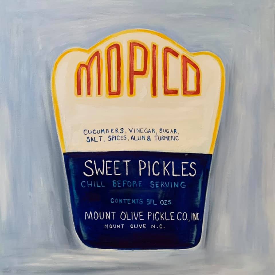 painting of vintage pickle jar label MOPICO Sweet Pickles