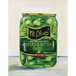 Mt Olive Bread & Butter Chips jar with green label and yellow accents.