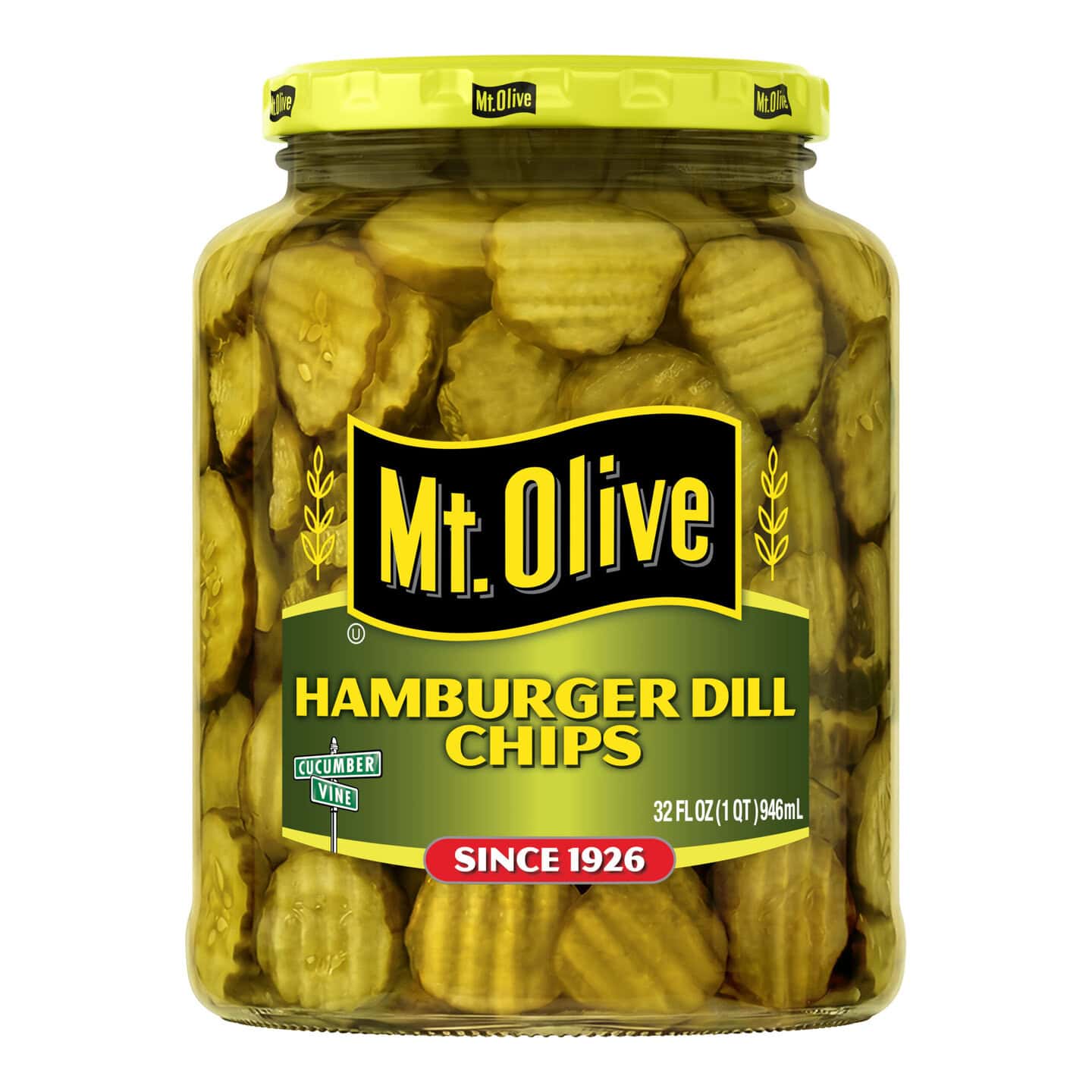 Jar of Mt Olive Hamburger Dill Chips with yellow lid and label.
