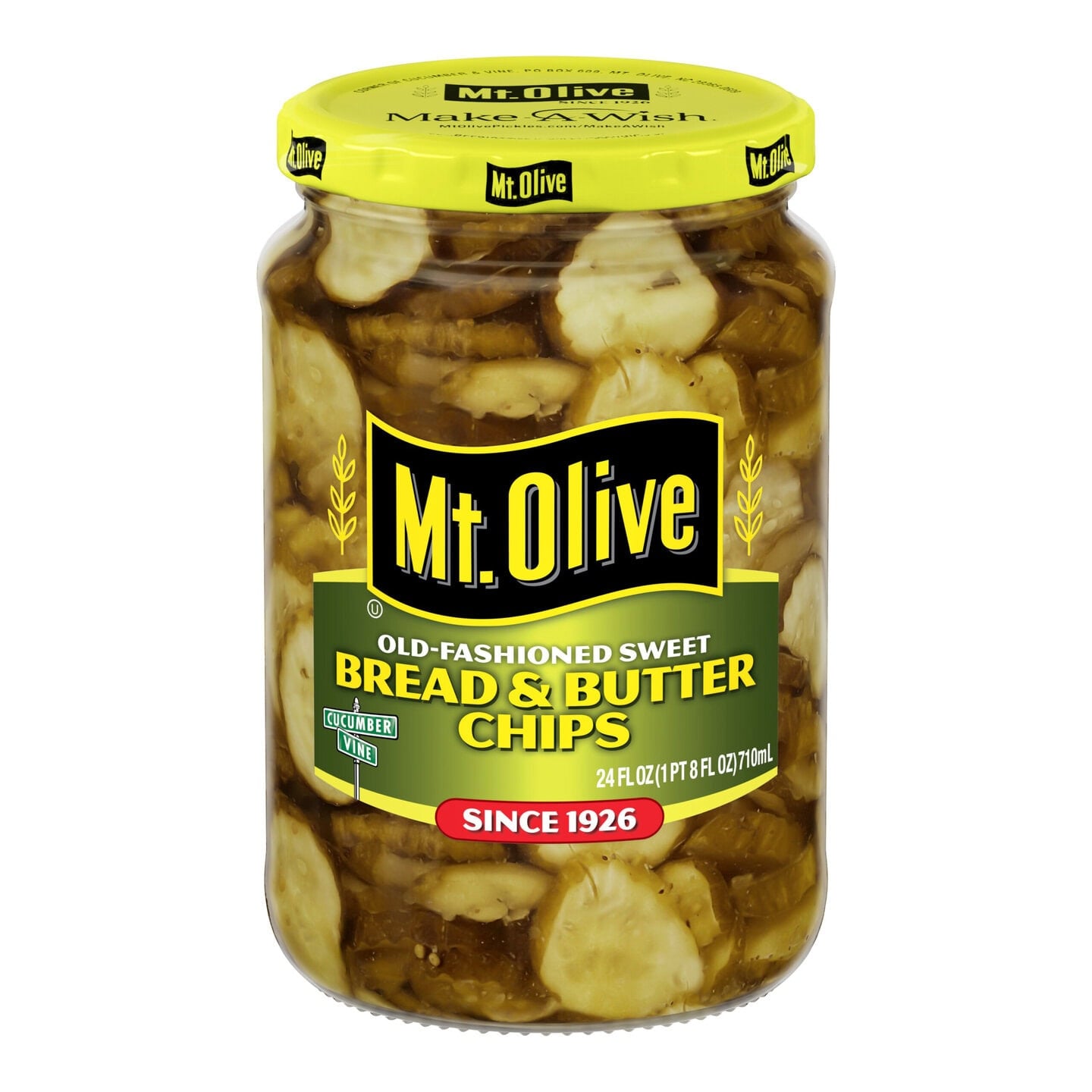 Jar of Mt Olive Bread & Butter Chips with yellow lid and label.