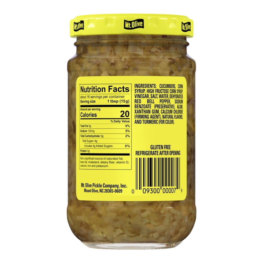 Mt Olive Sweet Relish jar with ingredients and nutrition facts label.