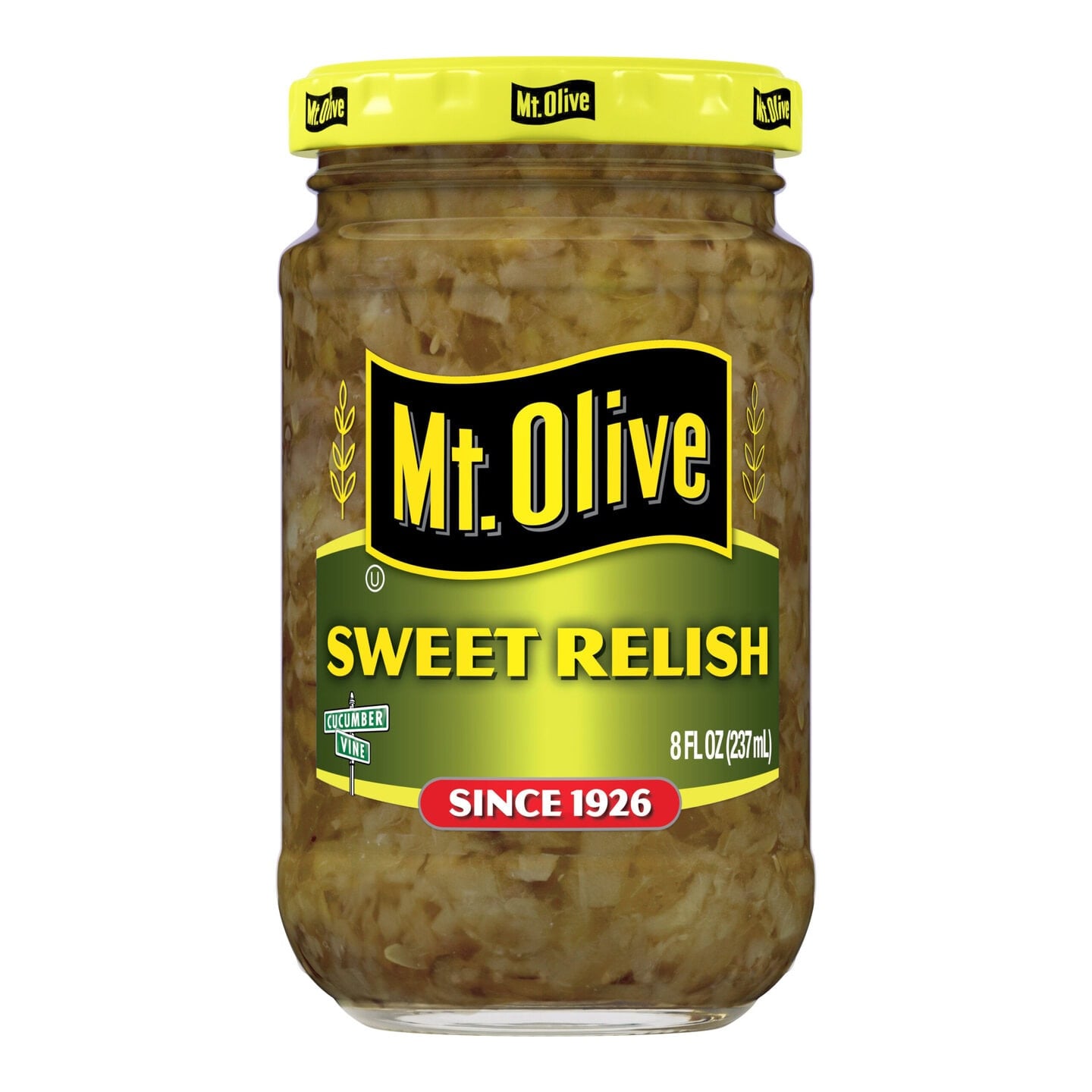 Mt Olive Sweet Relish jar with yellow lid and label, 8 oz size.
