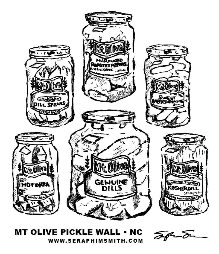 Illustration of various Mt Olive pickle jars and cans on wall.