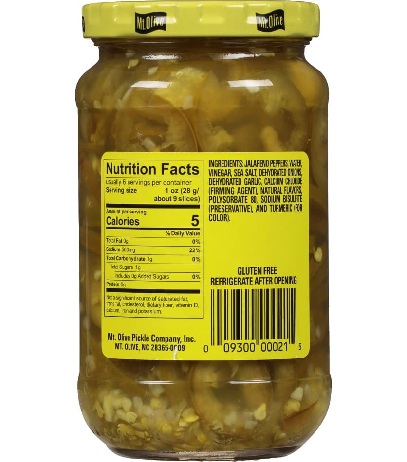 Jar of Mt Olive Mild Jalapeno Slices with vibrant green lid and label.