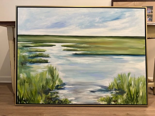 Beautiful landscape painting of a marsh with water and green vegetation.