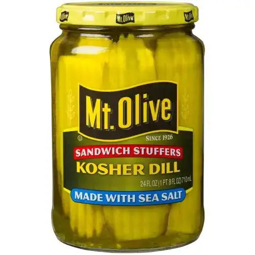 Jar of Mt Olive Kosher Dill Pickles with sea salt, 24 oz.