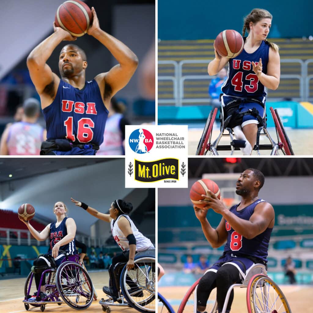 NWBA collage of wheelchair basketball athletes with mt. olive logo