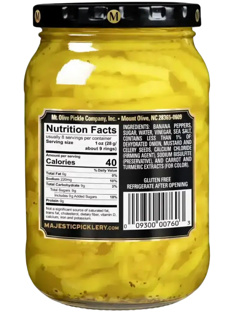 Jar of Mt Olive Pickles with banana pepper rings inside.