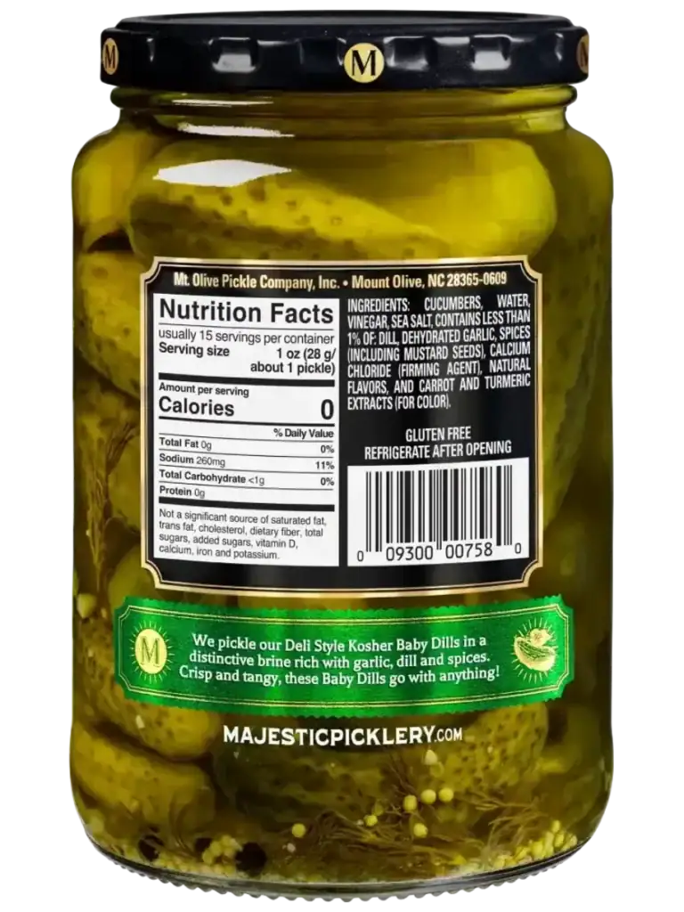 Majestic Deli Style Kosher Baby Dills in a glass jar with label details.