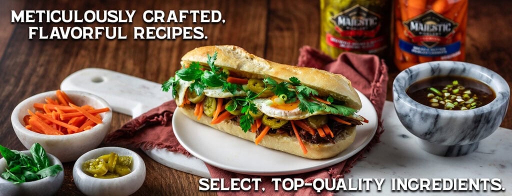 Delicious sandwich with Mt Olive pickles and fresh vegetables on a wooden table.