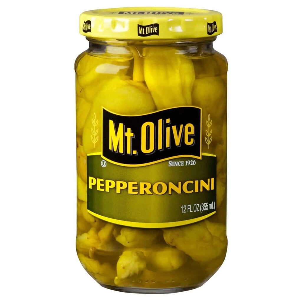 Front of Mt. Olive Pepperoncini jar on a white background.
