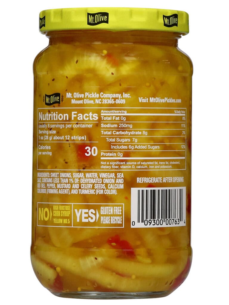 The back of a jar of Mt. Olive Pickled sweet onions with ingredients and nutrition facts.