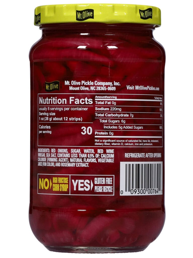 The back of a jar of Mt. Olive Pickled red onions showing nutrition facts and ingredients.