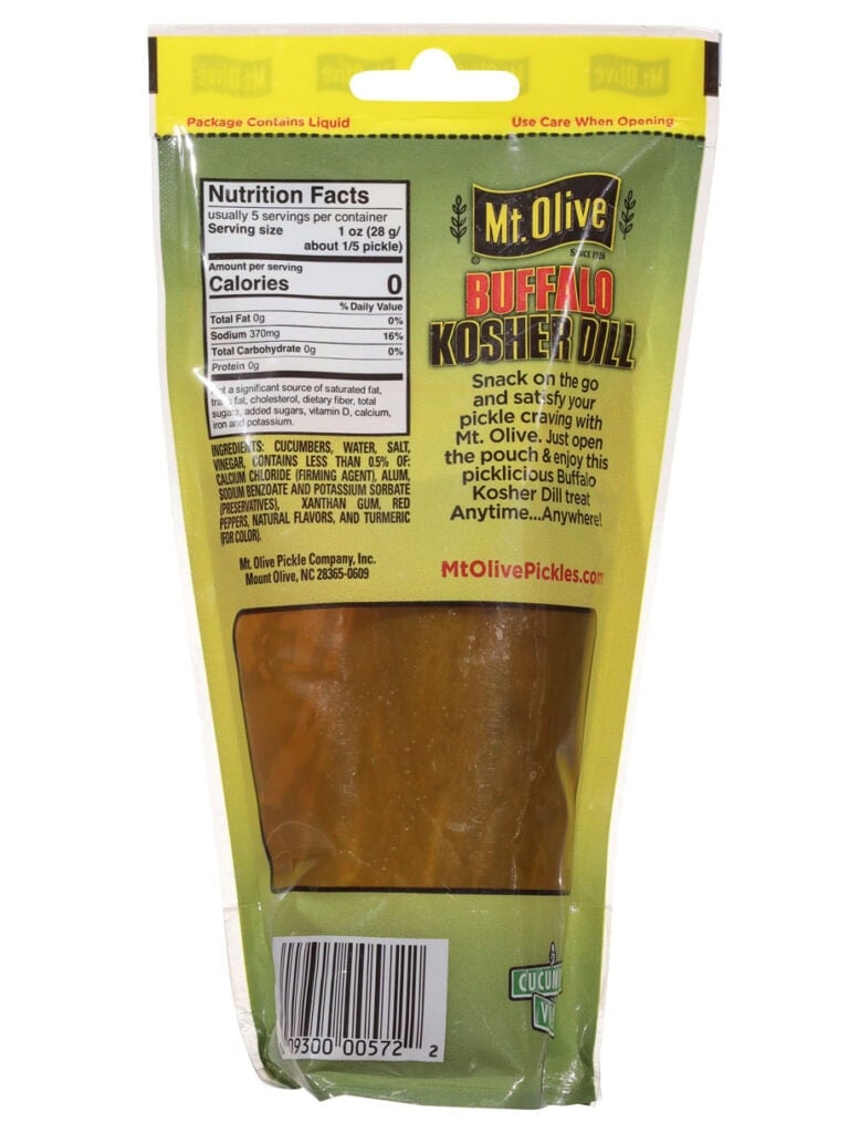 The back label from a Single Serve Buffalo Dill Portable Pickle.