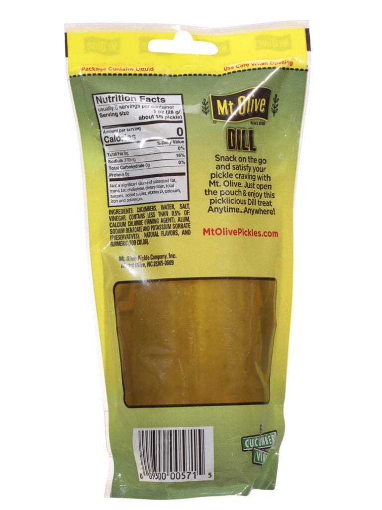 Single Serve Dill Portable Pickle showing nutritional facts and ingredients.