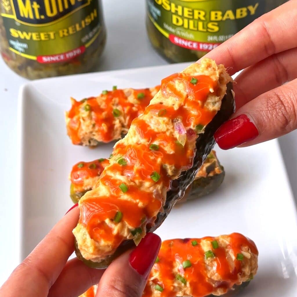 HOT HONEY CHICKEN SALAD PICKLE BOATS