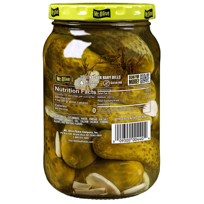 Mt. Olive kosher baby dills nutritional facts and ingredients from back of jar.