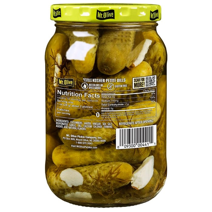 Mt. Olive kosher petite dills nutritional facts and ingredients on back of jar.