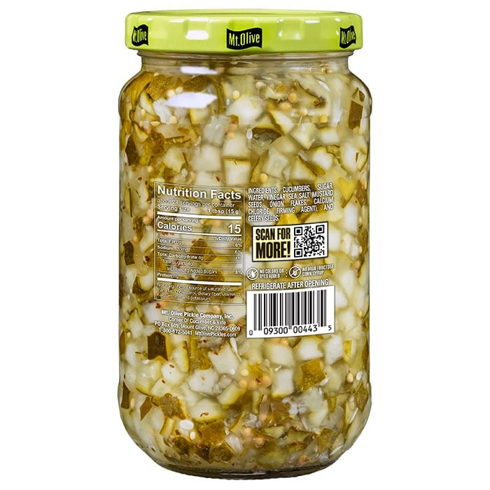 Mt. Olive deli-style sweet relish nutritional facts and ingredients on back of jar.