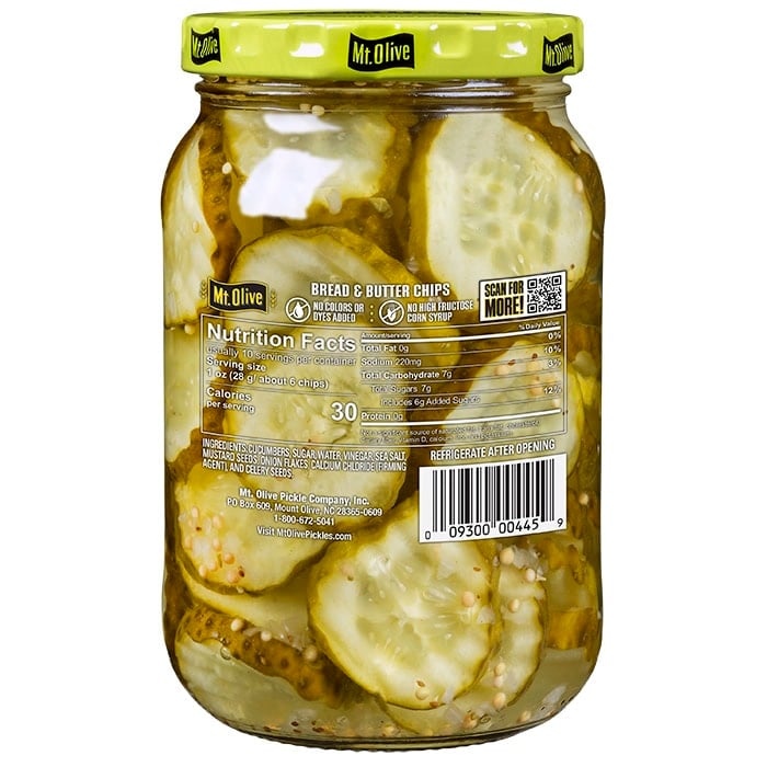 Back label of Mt. Olive bread & butter chips showing nutritional facts & ingredients.
