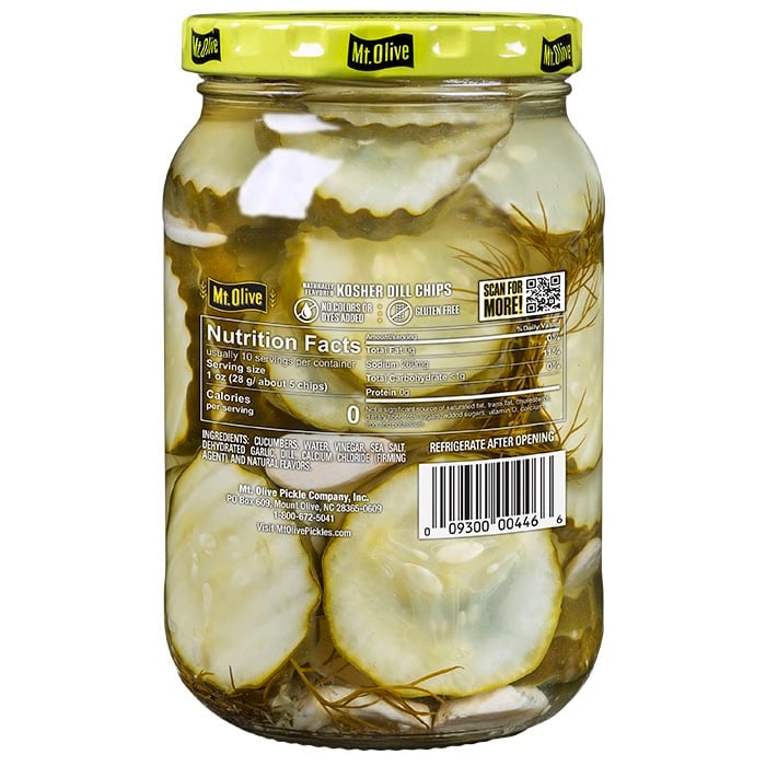 Back label from a jar of Mt. Olive kosher dill chips showing nutritional facts and ingredients.