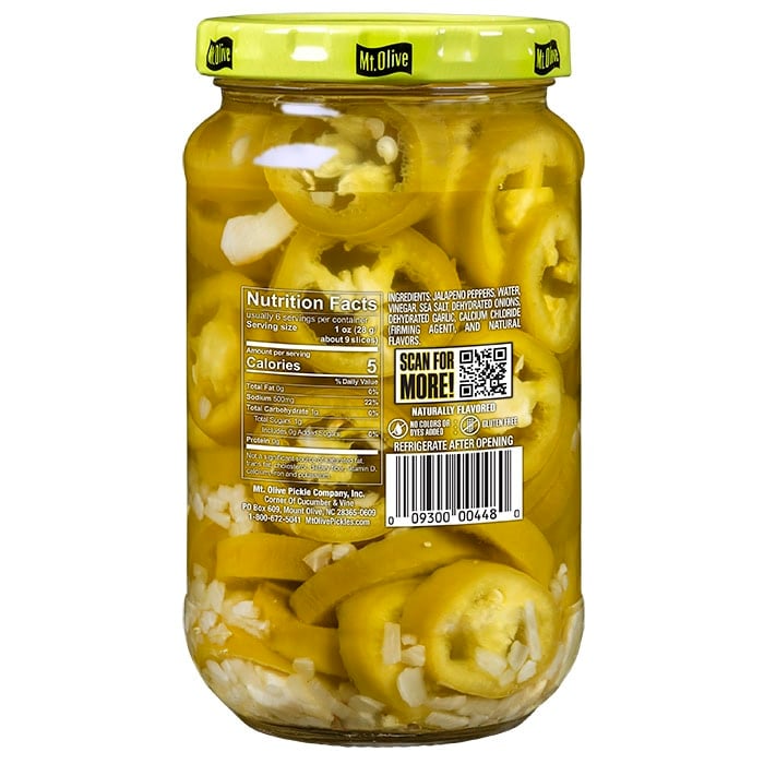 The back label of Mt. Olive Clearly Peppers jalapeno slices showing nutritional facts and ingredients.