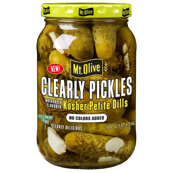 Front label for a jar of Mt. Olive Clearly Pickles kosher petite dills