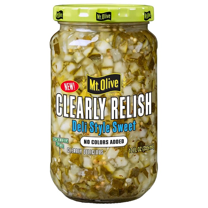 Front of a jar of Mt. Olive Clearly Relish deli-style sweet pickle relish.