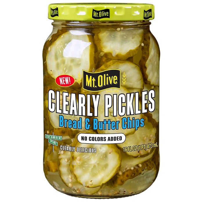Front label from a jar of new Mt. Olive Clearly Pickles bread & butter chips