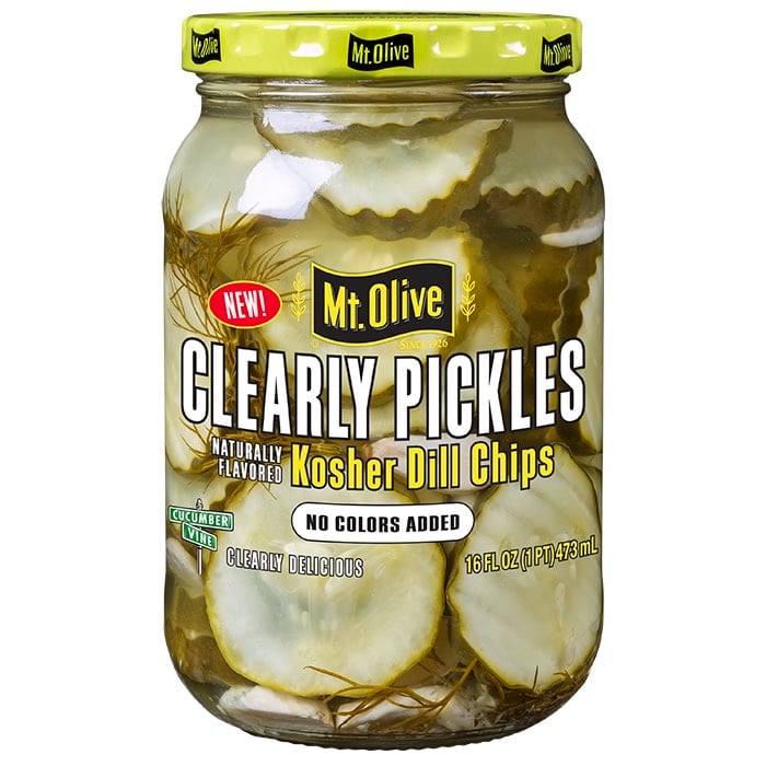 Front label from a jar of Mt. Olive Clearly Pickles kosher dill chips.