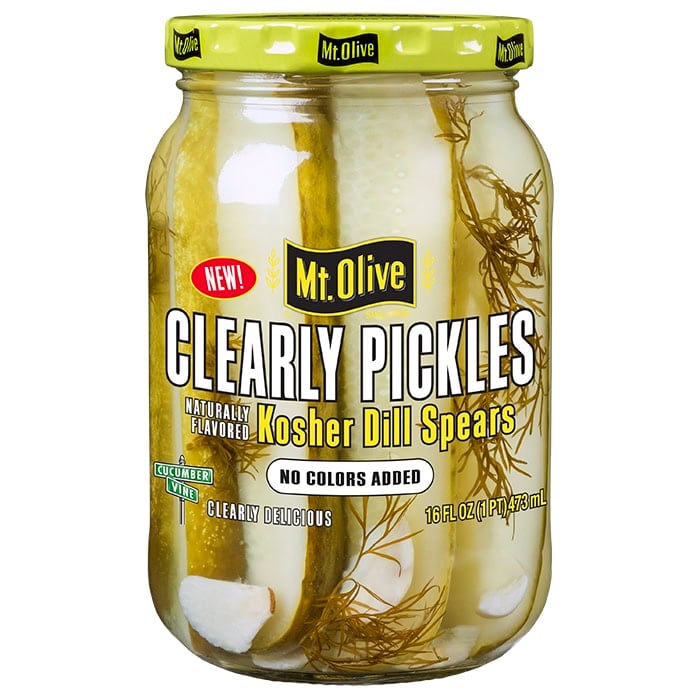 The front label of a jar of new Mt. Olive Clearly Pickles kosher dill spears