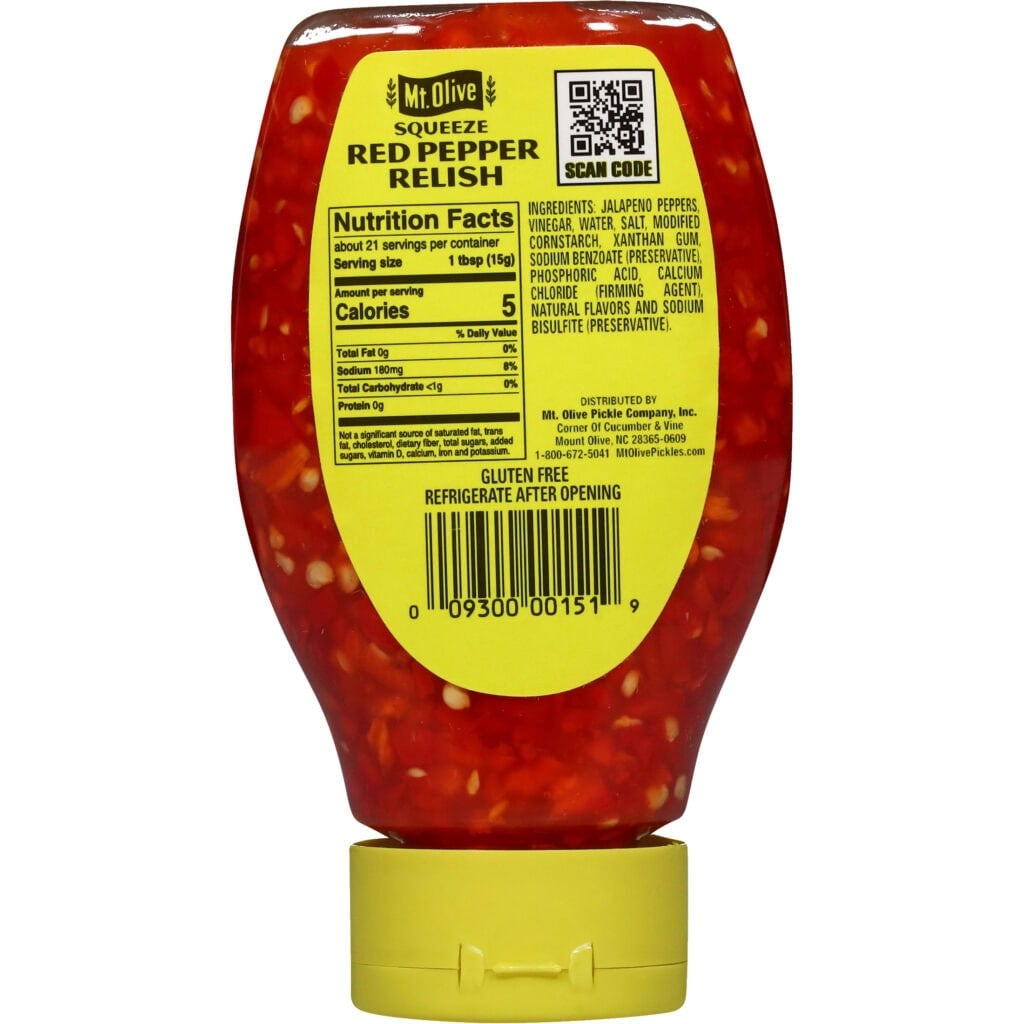 Mt. Olive Pickles red pepper relish nutritional facts and ingredients from the back of the bottle.