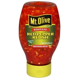 Front label from a bottle of Mt. Olive Pickles medium-heat red pepper relish.
