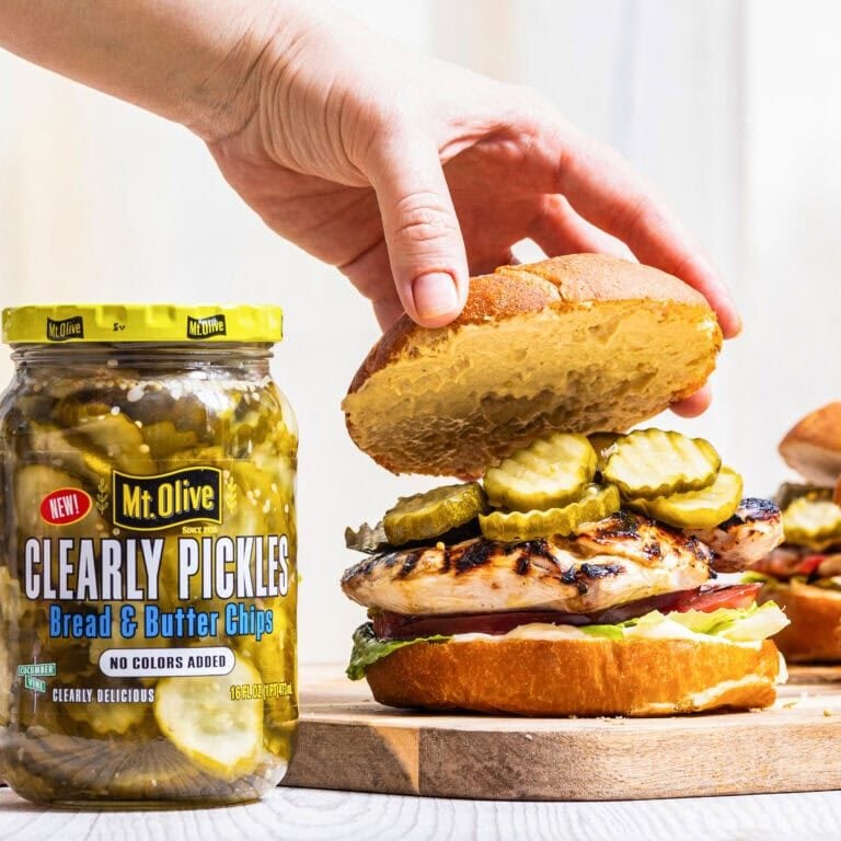 grilled chicken sandwich with clearly bread and butter pickles